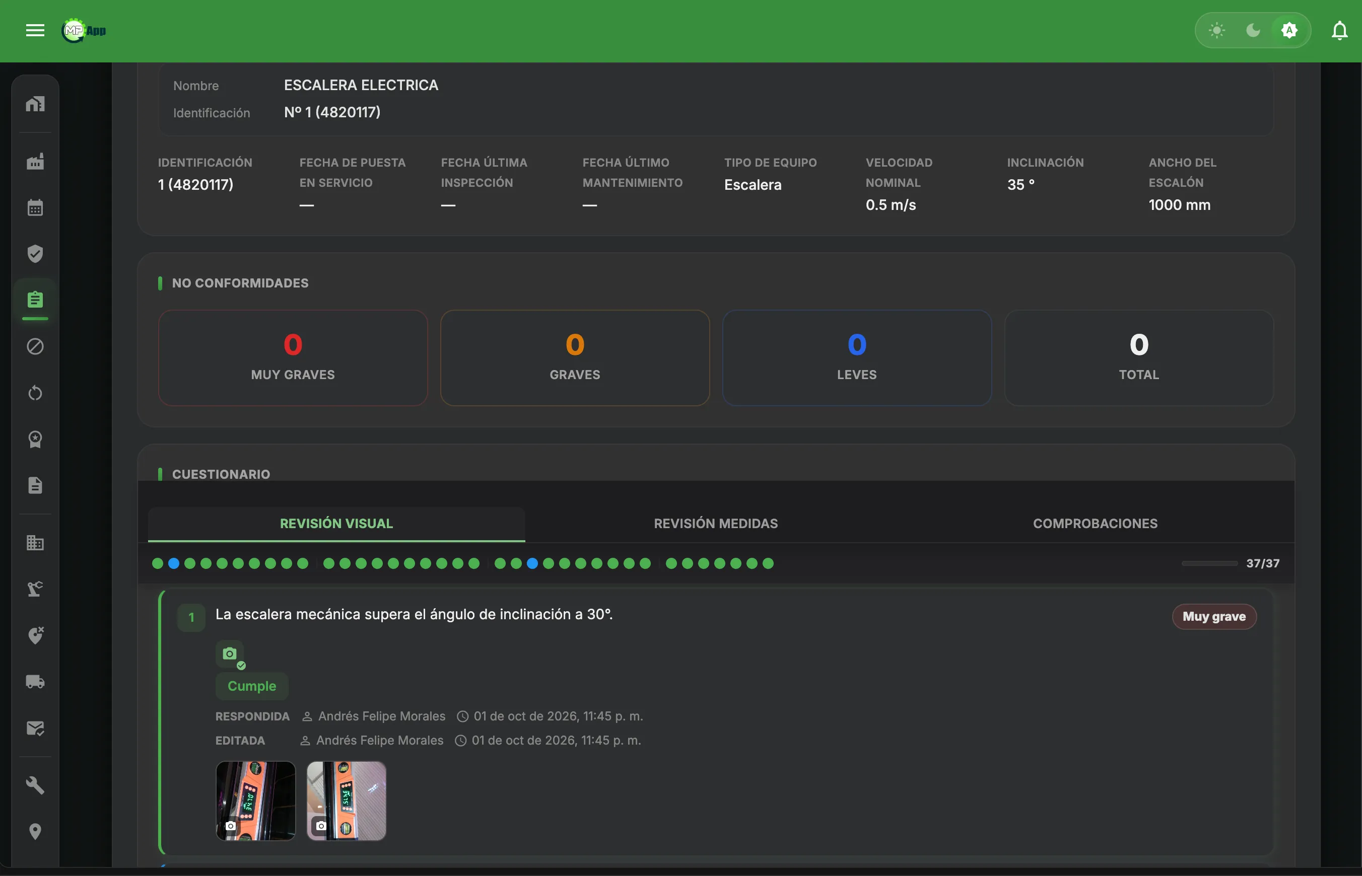 Equipment data and the on-site checklist, question by question.