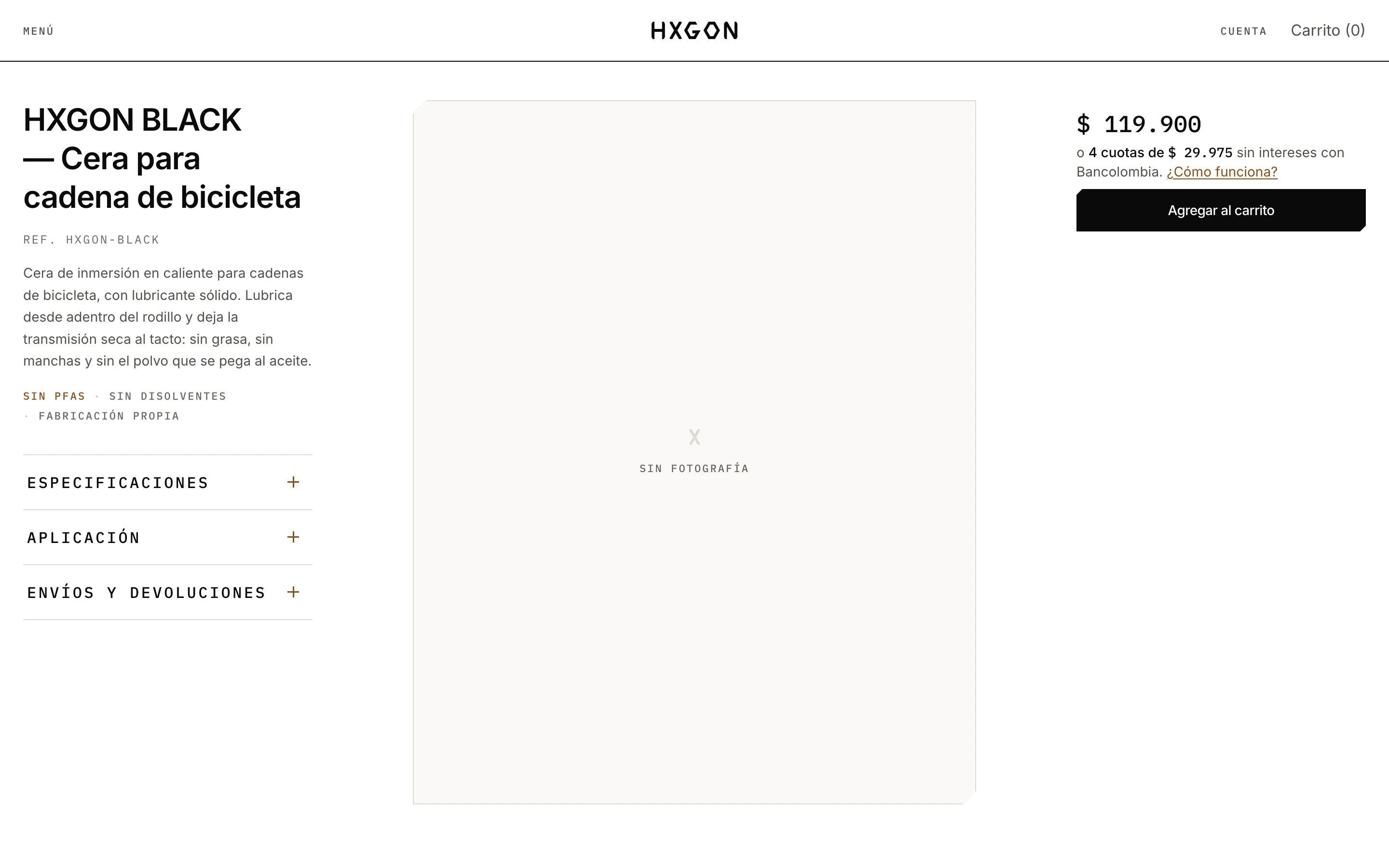 The product page, with the price in pesos and interest-free instalments through Bancolombia.