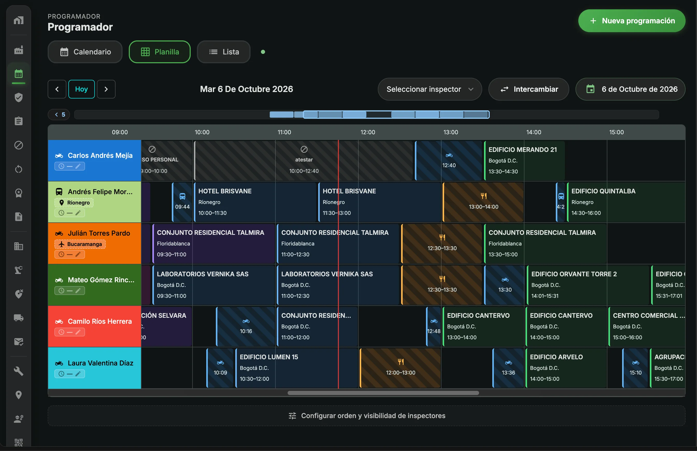 The scheduler: every inspector's day, with travel and breaks, at a glance.